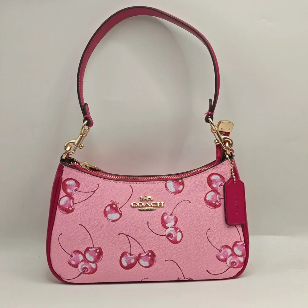 COACH Pink Cherry Print Shoulder Bag with Gold Hardware
